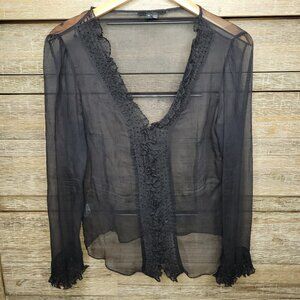 Vintage ECI Black Long Sleeve Sheer Silk Blouse Ruffled Beaded Details Medium